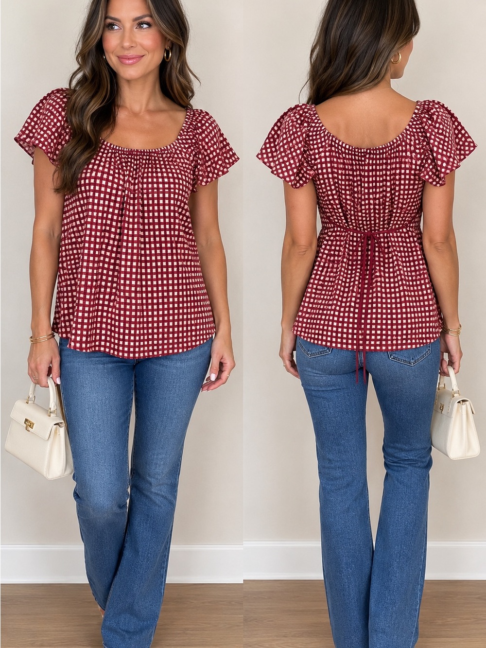 BCBGMaxAzria Red Square-Print Ruffle Sleeve Silk Top